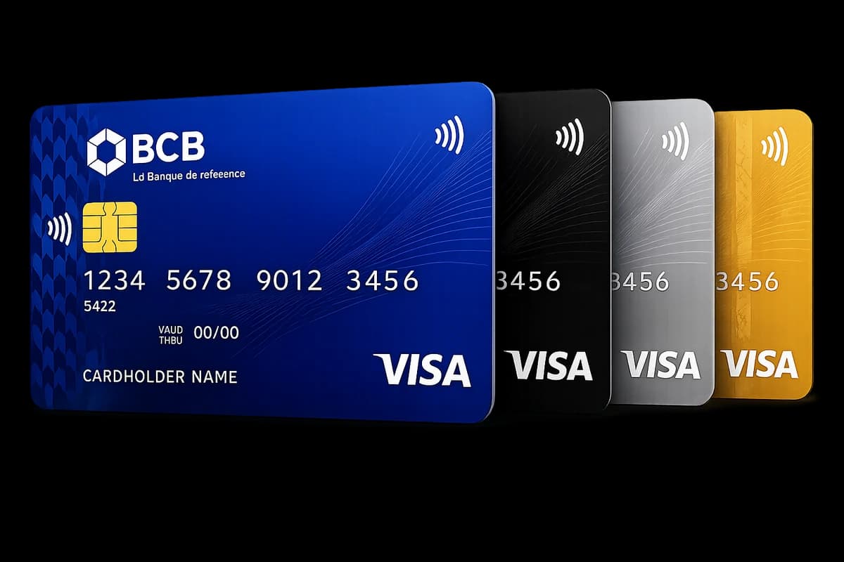 BCB Visa payment cards — blue, black, silver, and gold