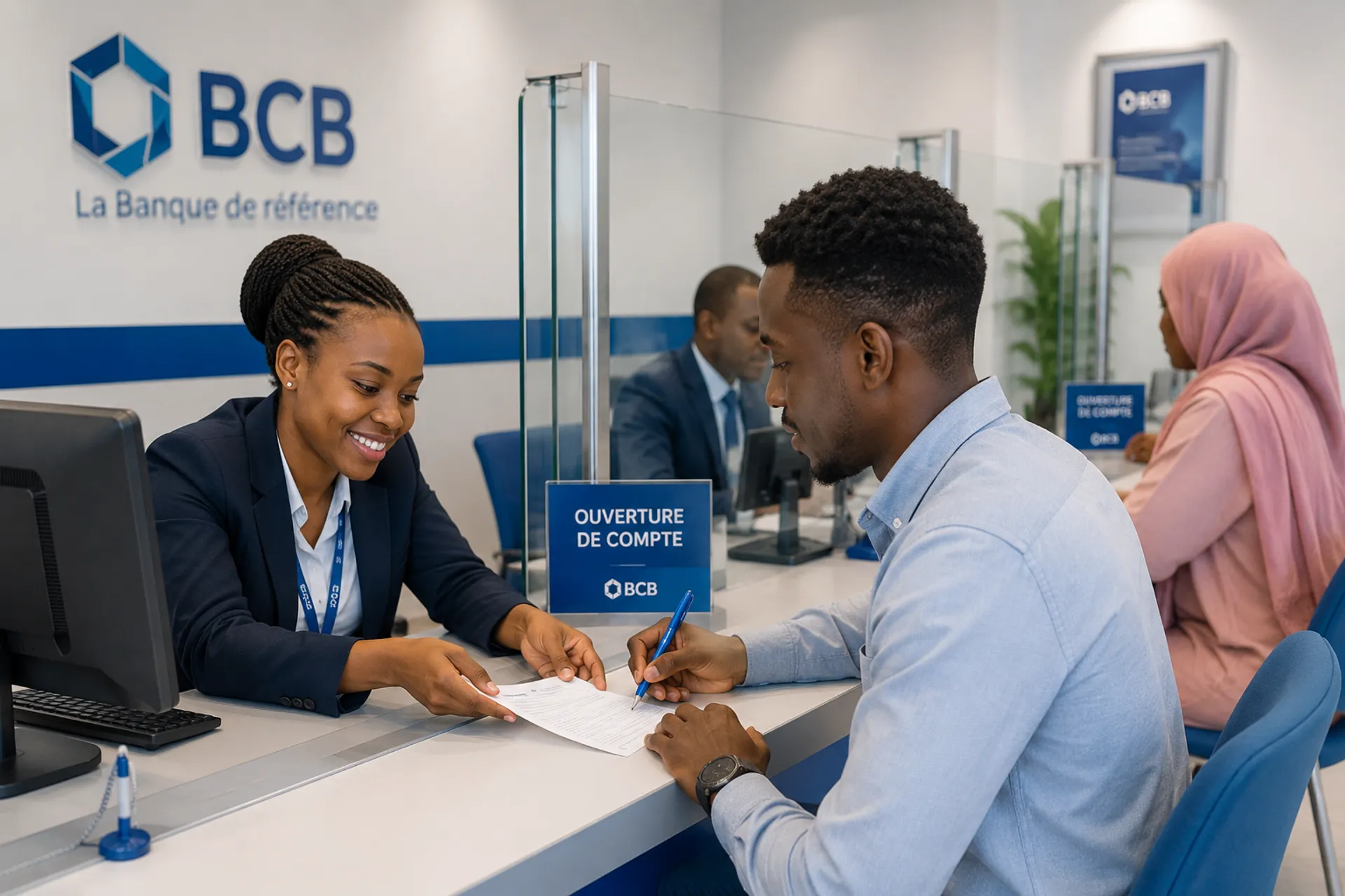 A BCB Bank advisor helping a customer open an account at a branch desk