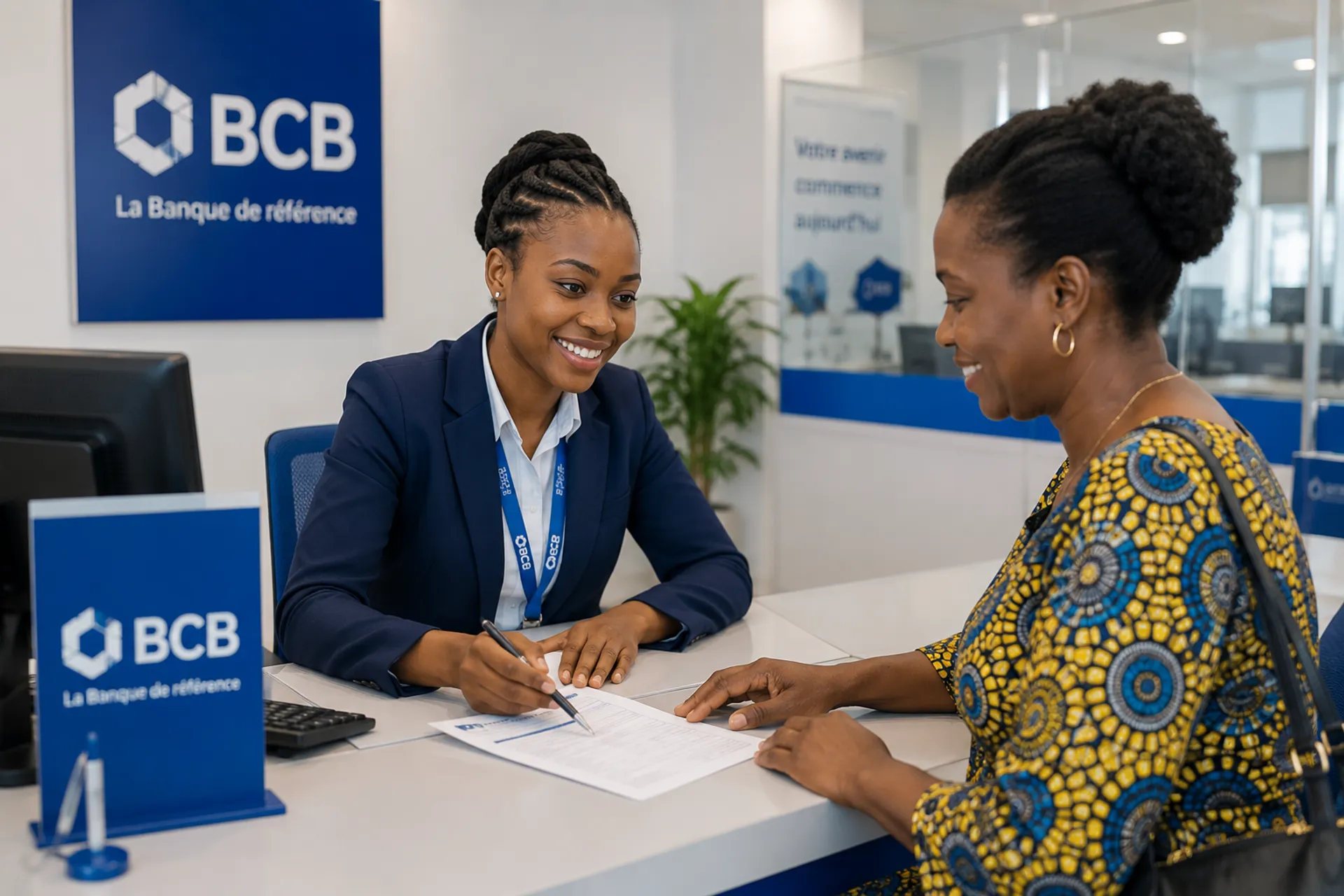 Two women talking across a desk at a BCB Bank branch